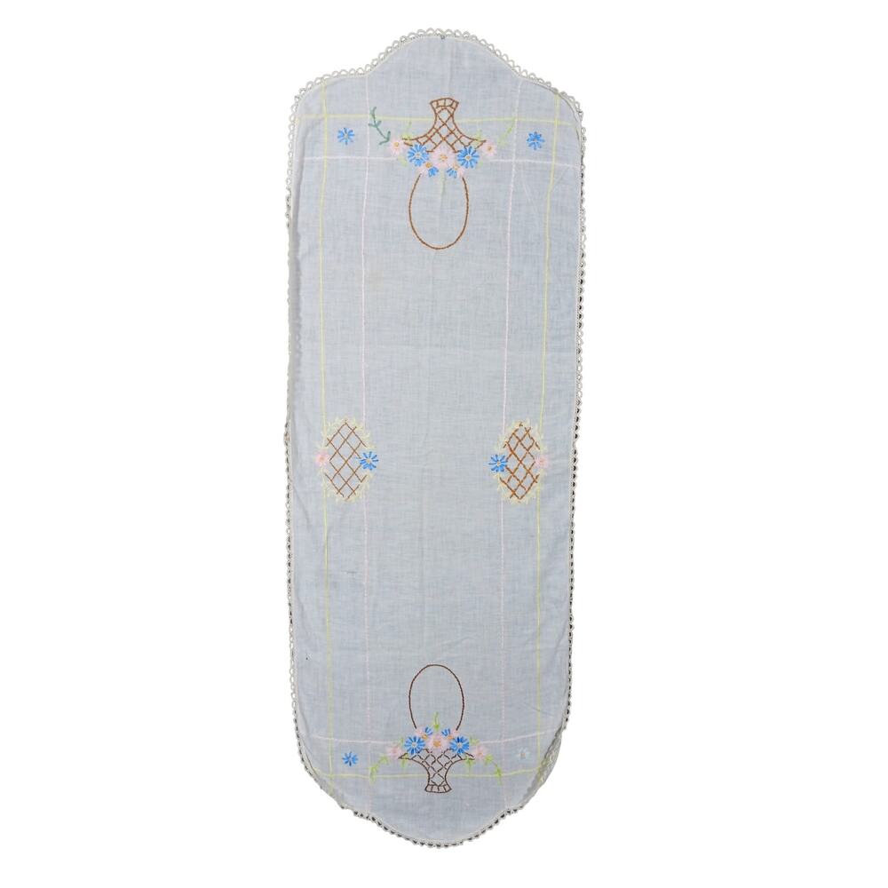 Vintage Retro Table Runner Hand Embroidered 43" x 16" White Brown Blue and Pink